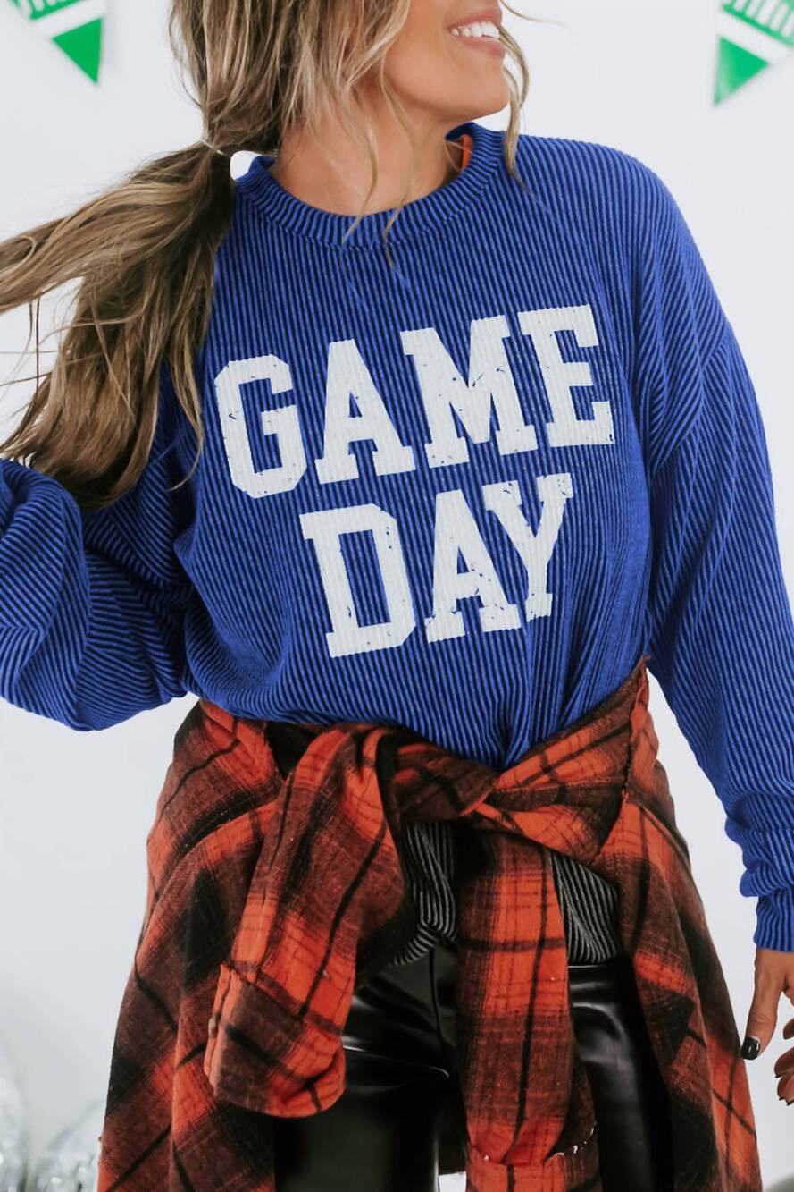 NEW 1 THE WOMAN corded game day graphic long sleeve crewneck top in blue